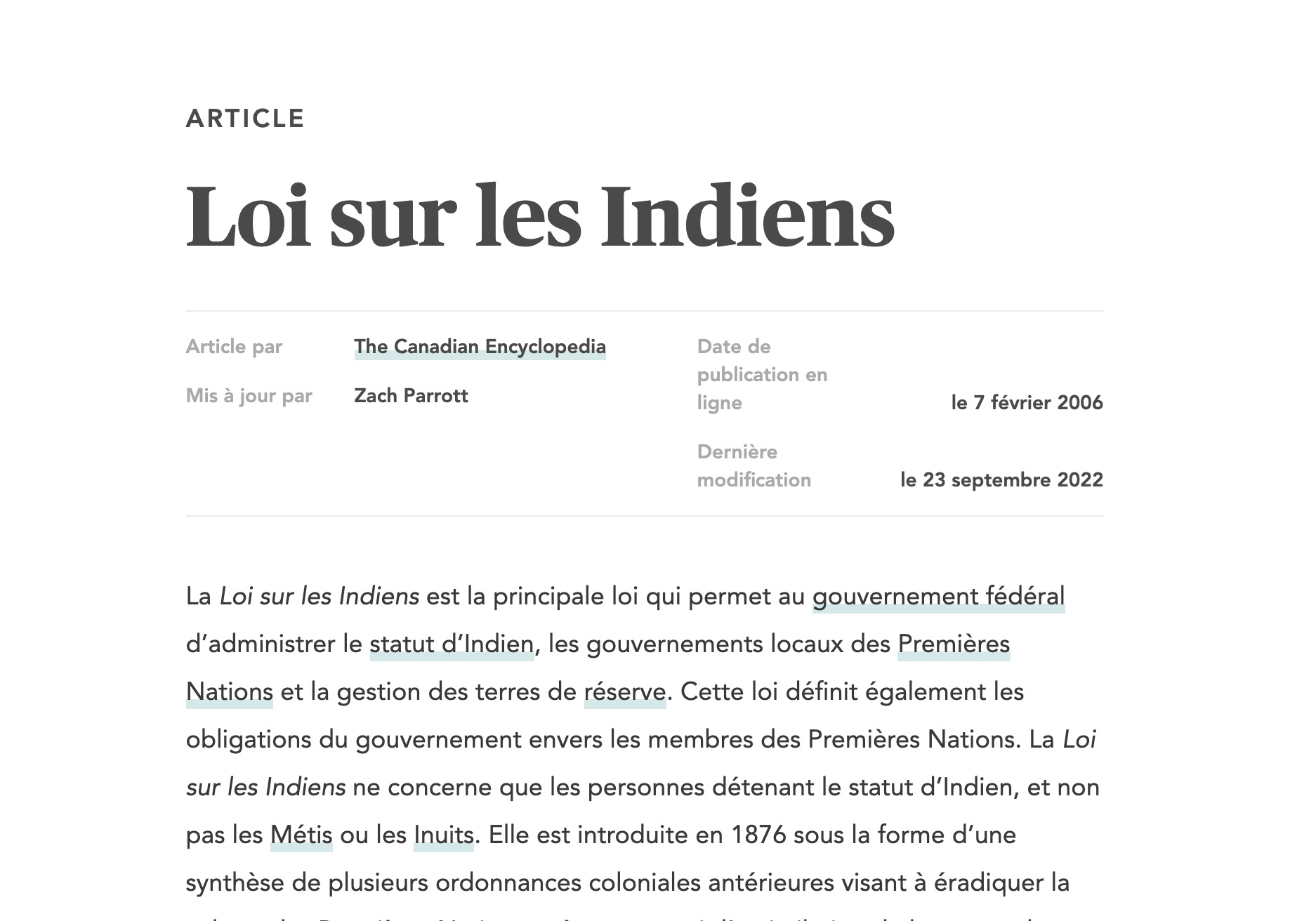 Article qui explique la loi sur les Indiens